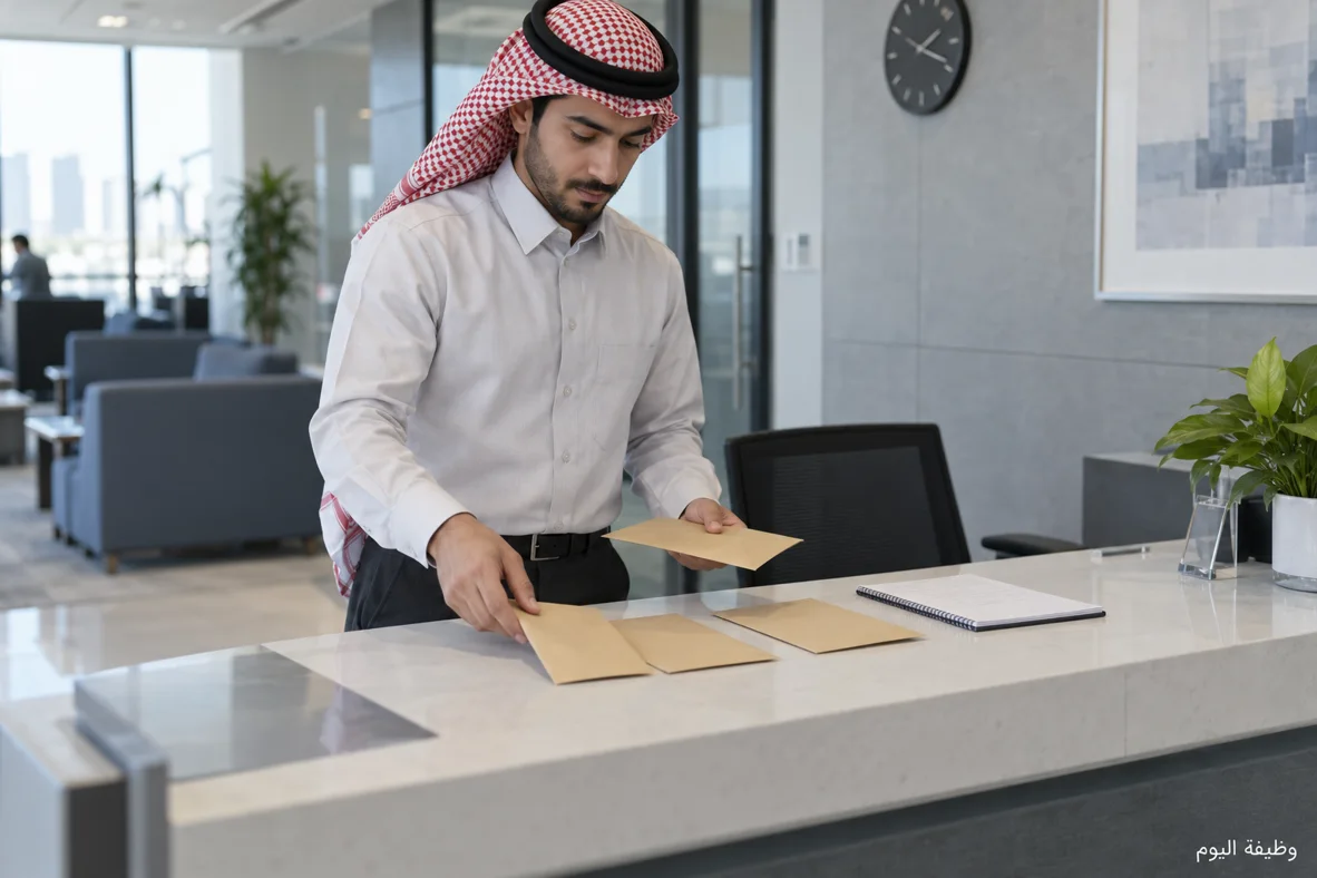 صورة توضيحية لمراسل إداري ينظم مغلفات وسجل متابعة في مكتب استقبال