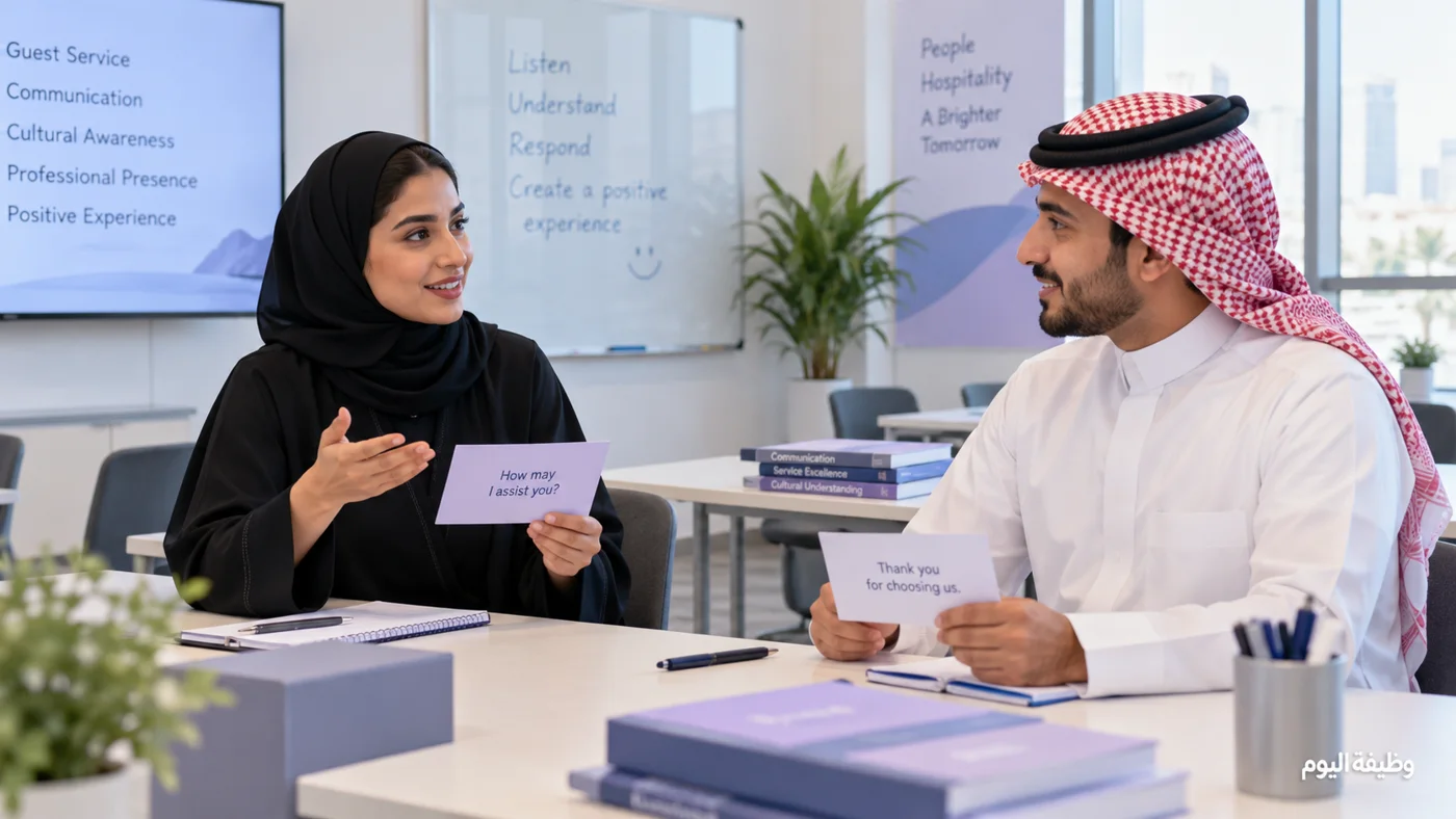 مشهد تدريبي توضيحي لممارسة التواصل وخدمة الضيوف في قاعة تعلم