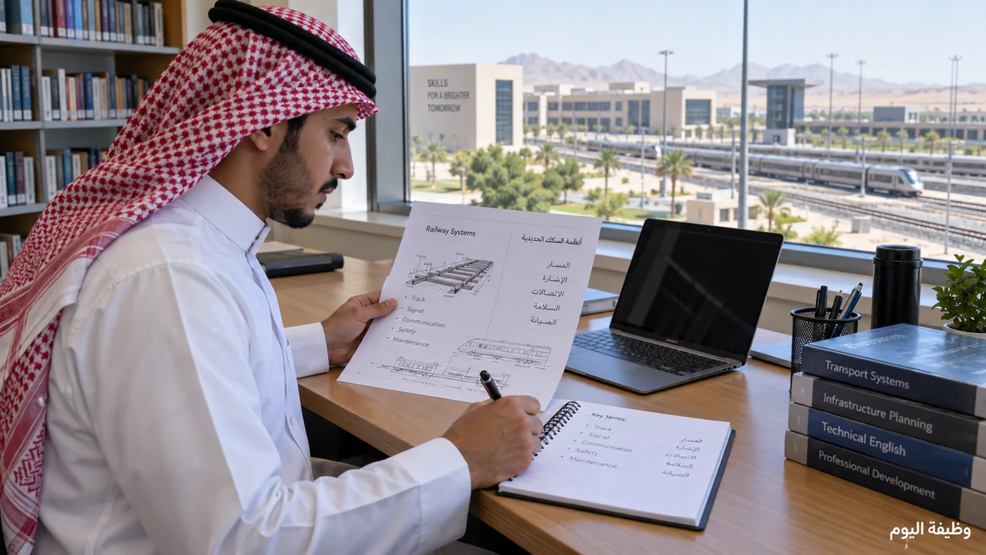 صورة توضيحية مولدة لمتدرب يقرأ مادة ثنائية اللغة ويدون المصطلحات في مكتبة، بعلامة وظيفة اليوم