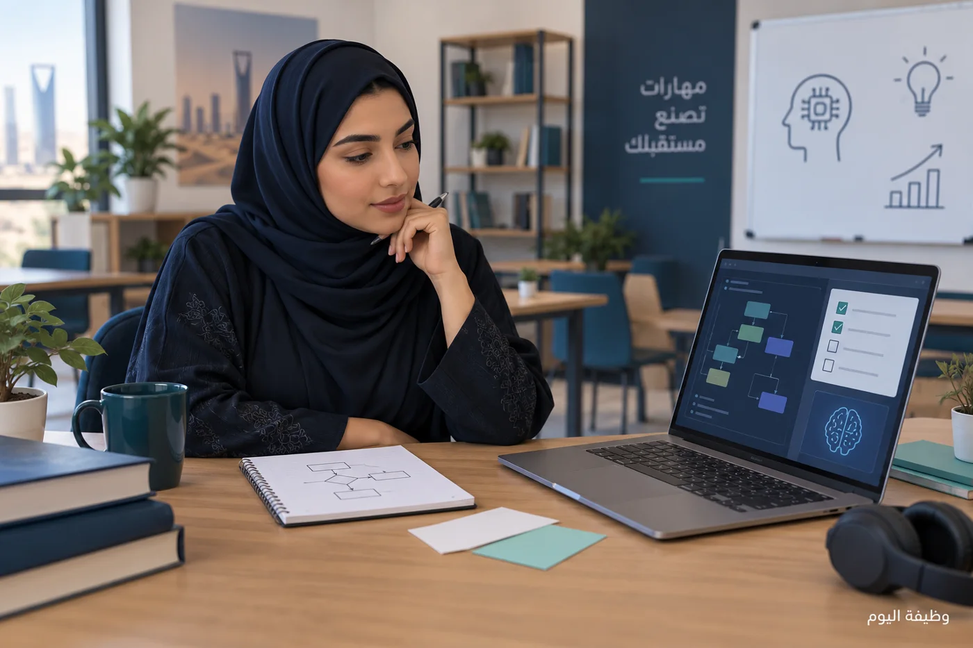 مشهد تعليمي افتراضي لمراجعة مشروع برمجي، وليس صورة من برامج أكاديمية سدايا