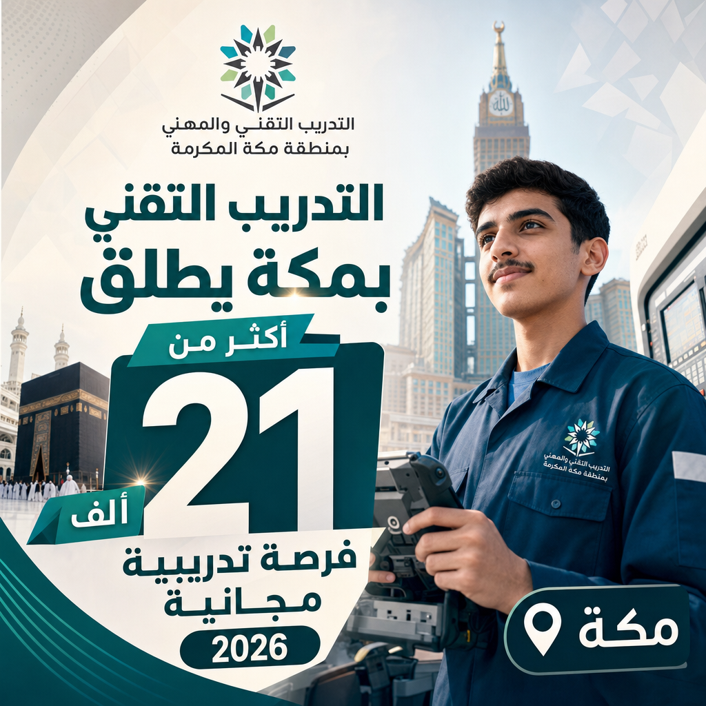فرص تدريبية مجانية بمكة - التدريب التقني بمكة يطلق أكثر من 21 ألف فرصة تدريبية مجانية 2026