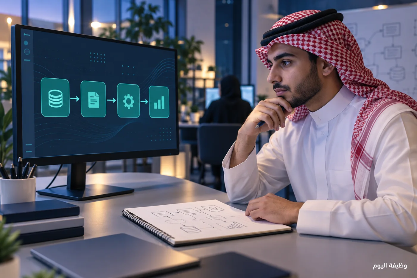 صورة توضيحية لمتعلم يخطط مشروع بيانات في مختبر تقني