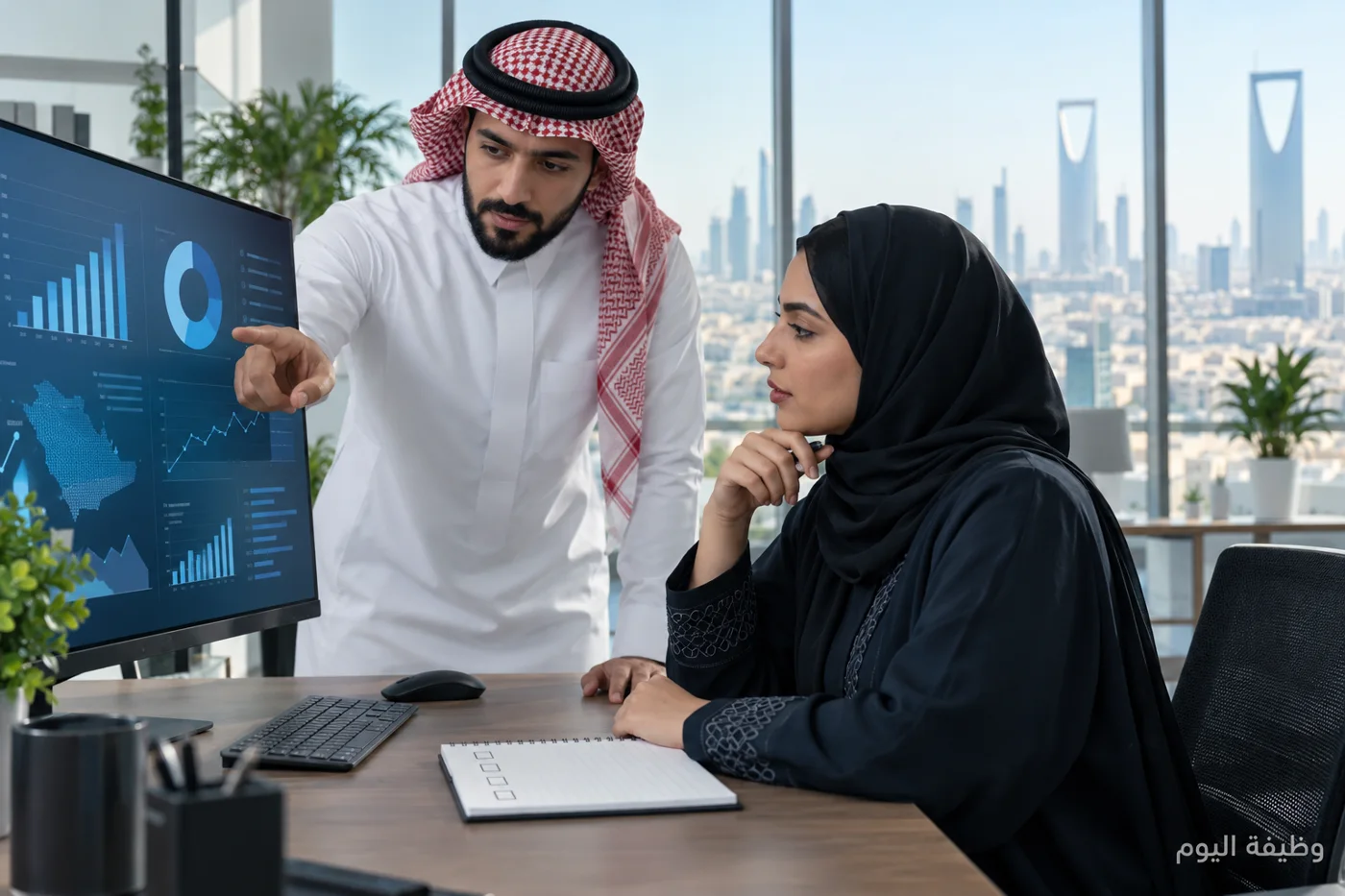 مشهد مكتبي افتراضي لمراجعة بيانات وتقارير، وليس صورة لمقر البنك السعودي الأول