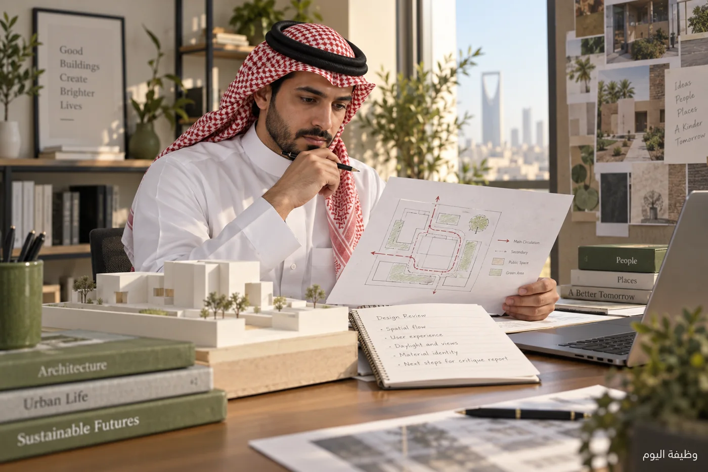 مشهد توضيحي مولد لمراجعة نموذج معماري ومخطط حركة ضمن تدريب شخصي