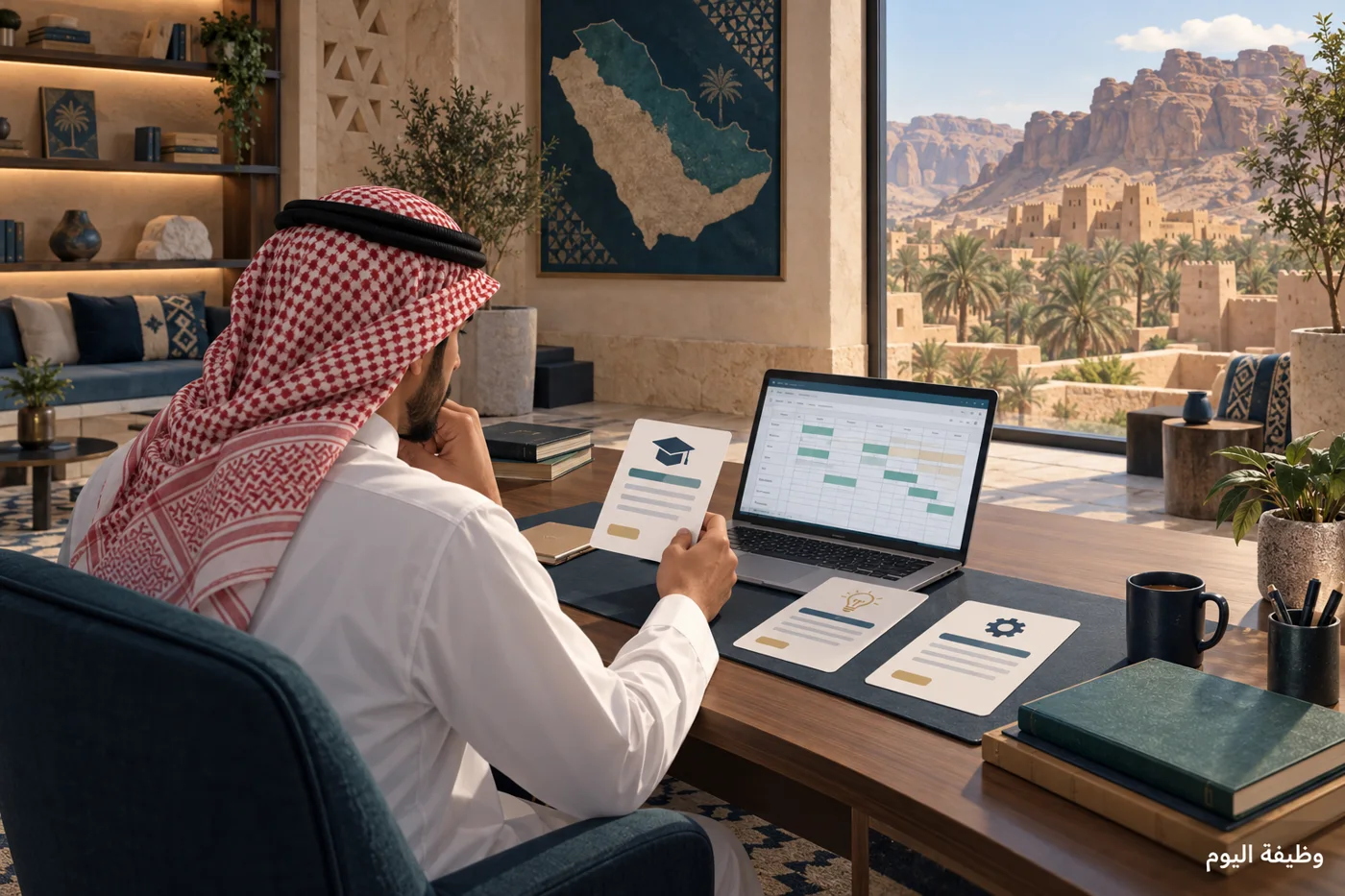 تصوير توضيحي لمتعلم يقارن الدورات ويطبق تنظيم البيانات على الحاسب