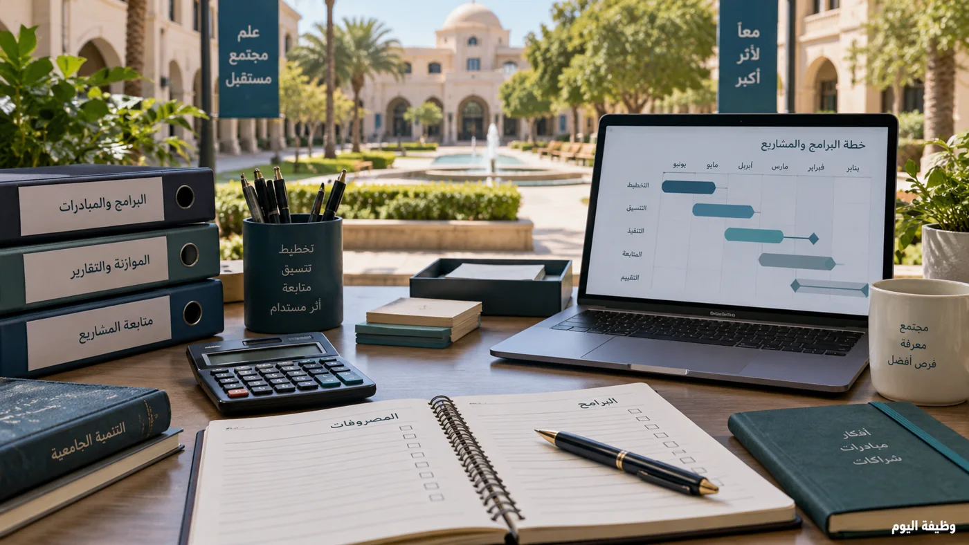 تصور توضيحي لأدوات المحاسبة ومتابعة البرامج في بيئة جامعية افتراضية، بعلامة وظيفة اليوم