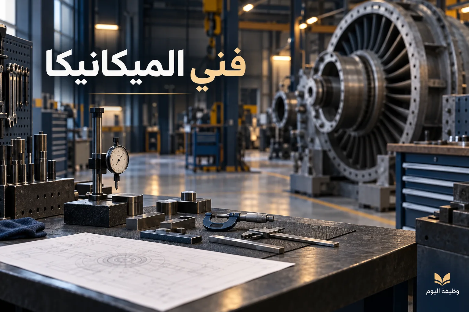 صورة توضيحية لورشة ومعدات قياس بعنوان فني الميكانيكا وعلامة وظيفة اليوم