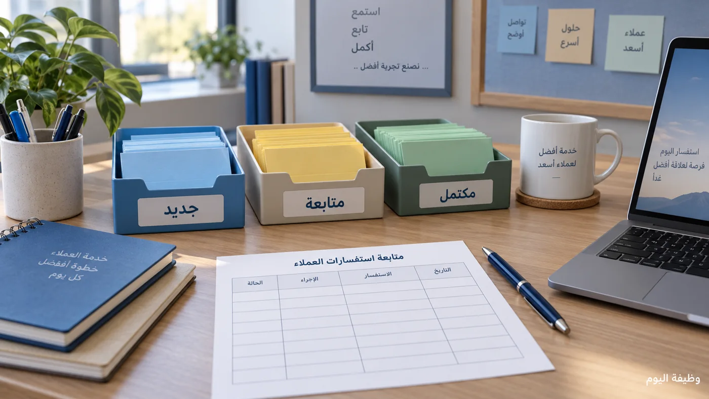 مكتب تدريبي لتنظيم حالات العملاء بين جديد ومتابعة ومكتمل بعلامة وظيفة اليوم