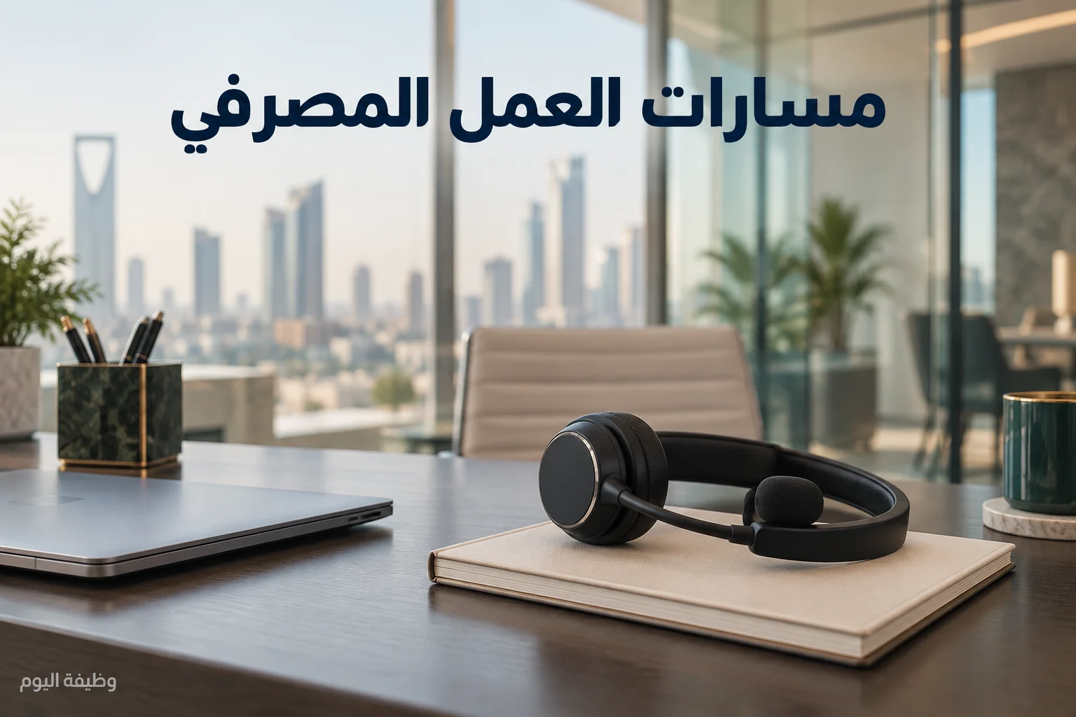 تصور مكتبي وسماعة مركز اتصال بعنوان مسارات العمل المصرفي وعلامة وظيفة اليوم