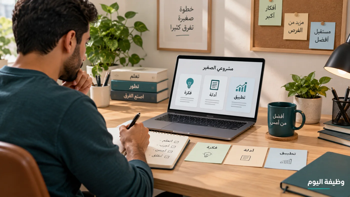 صورة توضيحية مولدة لمتعلم يبني مشروعًا شخصيًا ببطاقات فكرة وأدلة وتطبيق، وليست واجهة منصة فعلية
