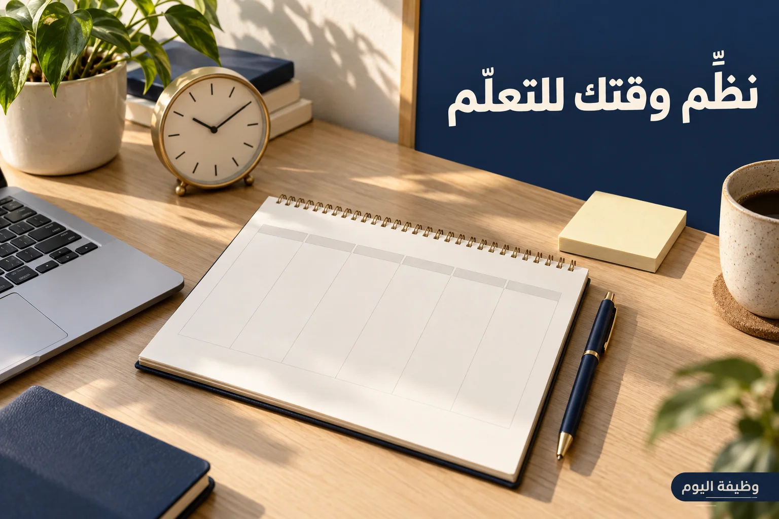 صورة توضيحية لدفتر تخطيط وساعة بعنوان نظم وقتك للتعلم بعلامة وظيفة اليوم