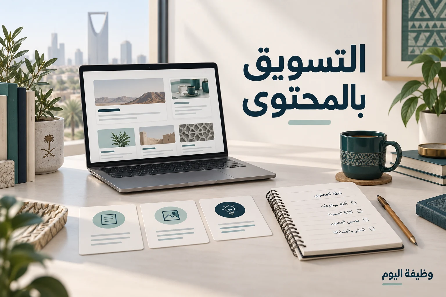 تصميم توضيحي للتسويق بالمحتوى يضم حاسوبًا وبطاقات أفكار ودفتر تخطيط، من وظيفة اليوم