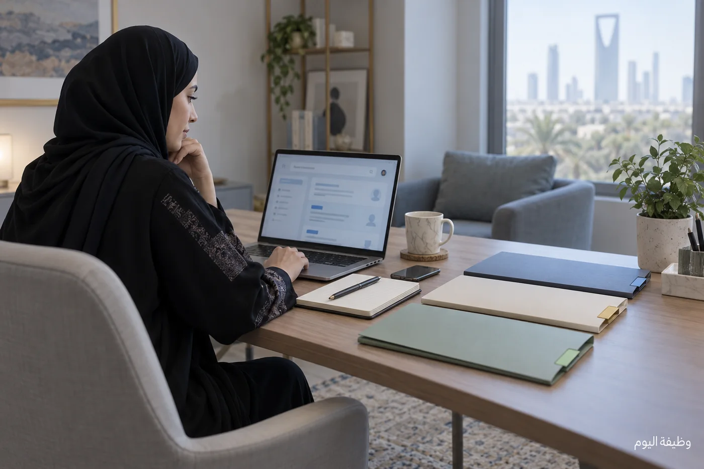 مشهد توضيحي افتراضي لباحثة عن عمل تنظم نسخ سيرتها وملفاتها أمام الحاسوب، بعلامة وظيفة اليوم