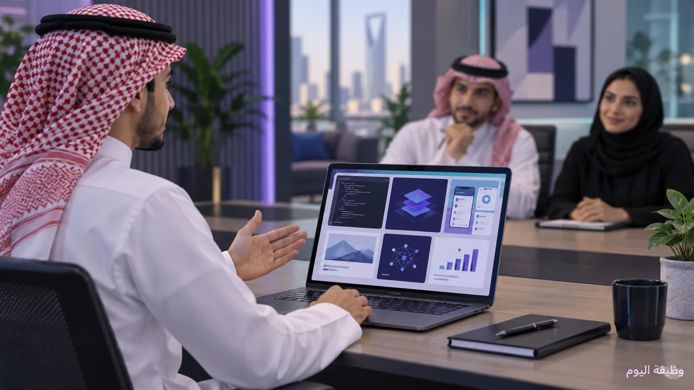 رسم توضيحي لخريج يعرض ملف مشاريع تقنية في لقاء مهني